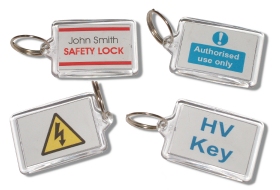 Clear acrylic key tags. 